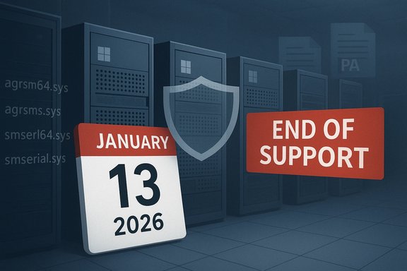 Server racks in a data center display an end-of-support warning dated January 13, 2026.