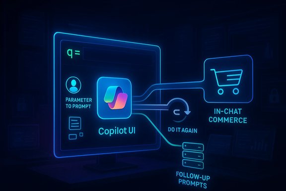 Neon infographic showing Copilot UI routing parameter prompts to in-chat commerce with follow-up prompts.