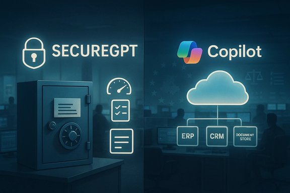 SecureGPT and Copilot branding on glass, featuring a vault, cloud, and ERP/CRM diagrams.