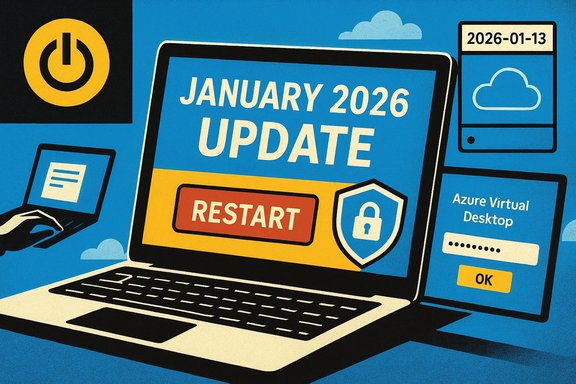 Laptop screen shows January 2026 update with a restart button and security shield.