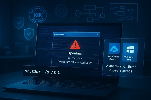 Laptop screen shows a Windows 11 update warning with error overlays and authentication message. Laptop screen shows a Windows 11 update warning with error overlays and authentication message.