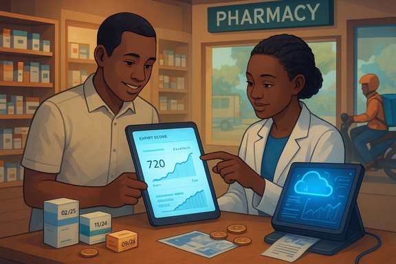 Pharmacist explains an expert score on a tablet to a customer inside a pharmacy.