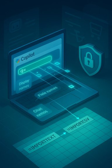 Neon Copilot laptop displays data flow into an Import/Export sheet under a shield lock.