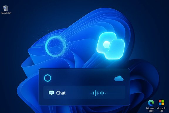 Windows 11 desktop featuring a glowing blue Chat panel on an abstract blue wallpaper.