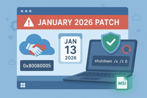 January 2026 patch alert with warning banner, cloud handshake, and shutdown command.
