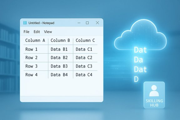 Untitled Notepad window displaying a three-column data table beside a glowing cloud data icon.