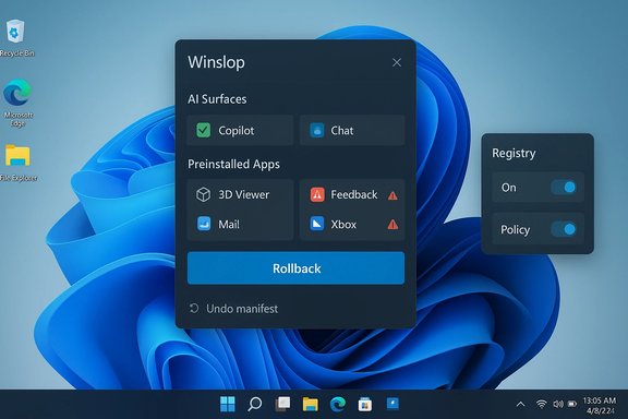 Windows desktop showing a dark Winslop panel with AI Surfaces, preinstalled apps, and a Registry toggle.