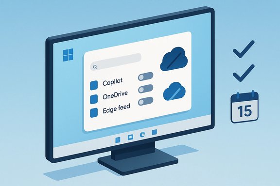 Illustration of a computer monitor showing a Windows-style dashboard with Copilot, OneDrive, and cloud icons.