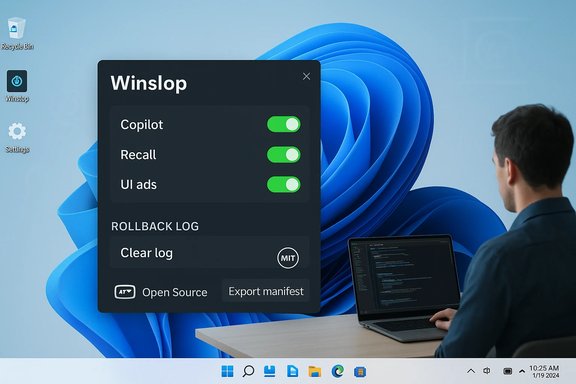 Windows desktop with a dark Winslop settings panel and a person coding on a laptop.