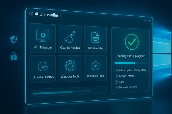 IObit Uninstaller 5 interface with tool tiles and startup-programs progress on a neon blue screen.