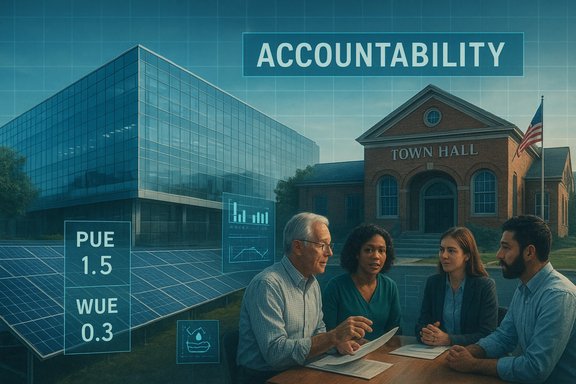 Diverse professionals discuss plans near town hall, with solar panels and the word ACCOUNTABILITY.