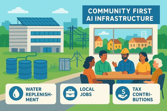 A community meeting on AI infrastructure, highlighting water replenishment, local jobs, and tax contributions.