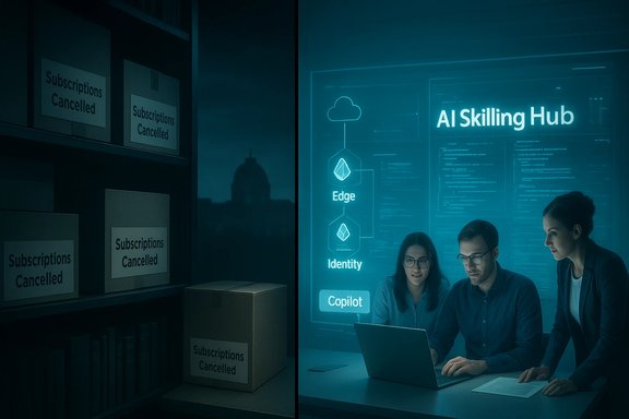 A team collaborates at a laptop under an AI Skilling Hub interface, with 'Subscriptions Cancelled' boxes nearby.