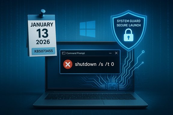 Blue cyber-security scene with a calendar, Windows logo, shield badge, and a shutdown command on a laptop.