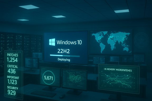 Futuristic command room showing Windows 10 deployment progress, patch metrics, and global map dashboards.