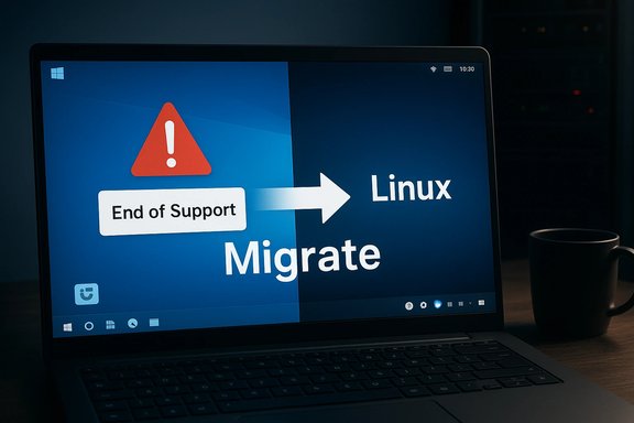 Laptop screen shows a Windows-to-Linux migration with an End of Support warning.
