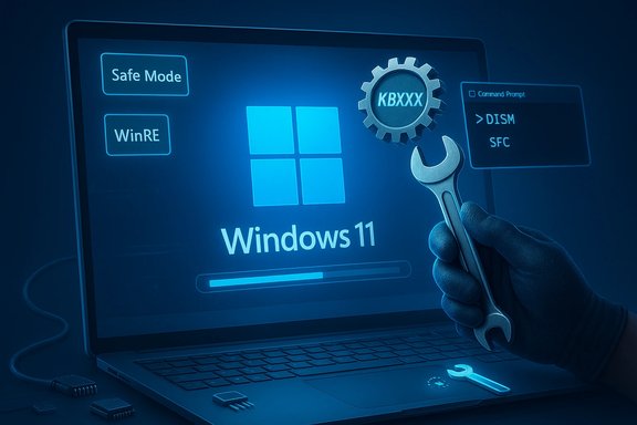 Gloved hand holds a wrench to a Windows 11 repair screen showing Safe Mode and tools.
