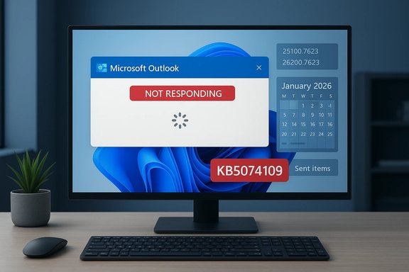 A computer monitor shows Microsoft Outlook not responding, with error code KB5074109.