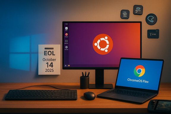 A modern desk setup with Ubuntu desktop on a large monitor and ChromeOS Flex on a laptop.