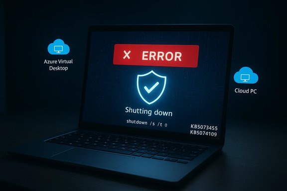 Laptop displays a shutdown error screen with a glowing shield, surrounded by Azure Virtual Desktop and Cloud PC icons.