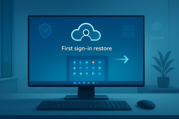 Monitor shows “First sign-in restore” with a cloud icon and a rightward arrow. Monitor shows “First sign-in restore” with a cloud icon and a rightward arrow.
