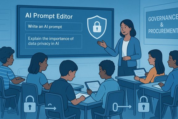 A teacher explains AI prompt editing and data privacy to students in a classroom.
