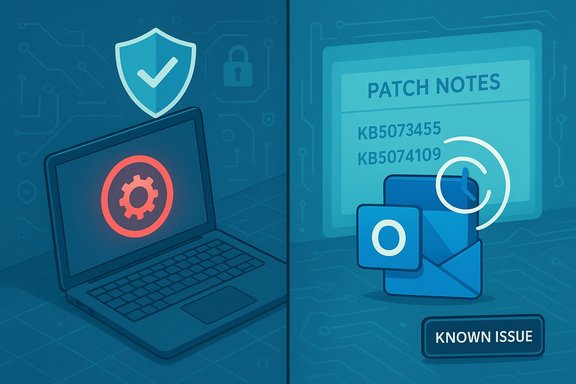 Split-screen: secure laptop with gear icon and shield; patch notes reveal known issue.