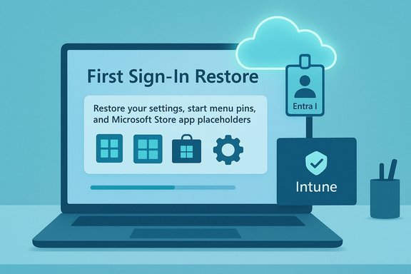 Illustration of first sign-in restore on a laptop with cloud and Intune icons. Illustration of first sign-in restore on a laptop with cloud and Intune icons.