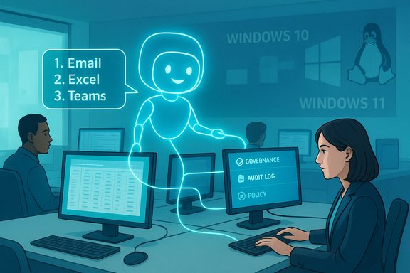 A glowing holographic assistant guides workers through Email, Excel and Teams.