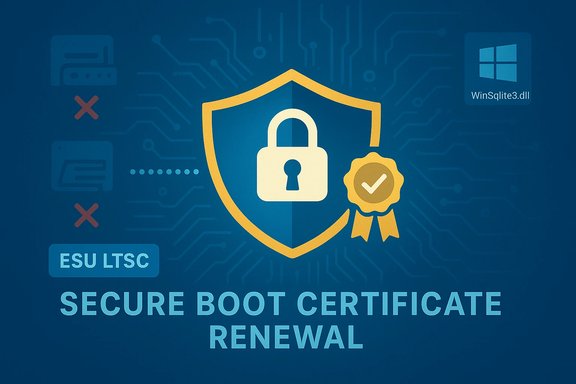 Graphic illustrating secure boot certificate renewal with a shield, padlock, and ribbon badge. Graphic illustrating secure boot certificate renewal with a shield, padlock, and ribbon badge.