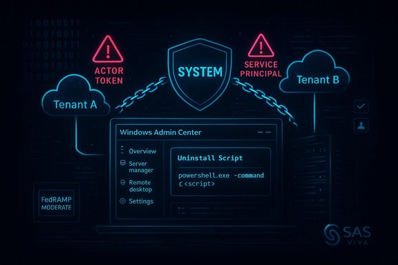 System shield links Tenant A and Tenant B clouds, with actor token and service principal alerts.