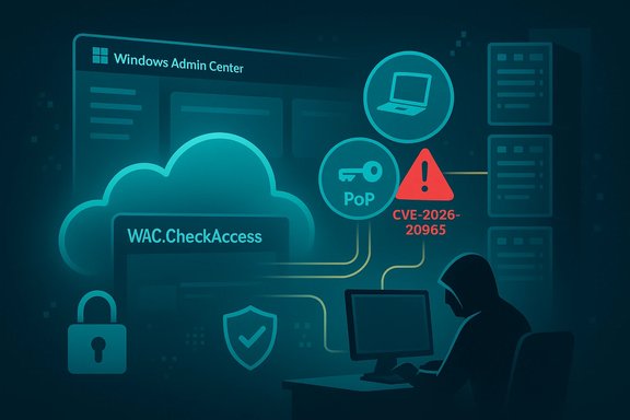 Hacker at a computer amid Windows Admin Center cloud, with CVE-2026-20965 warning.
