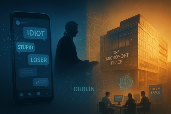 Blue–orange split scene featuring online abuse on a giant phone beside One Microsoft Place.