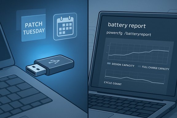 USB drive plugged into a laptop, Patch Tuesday icon beside a battery report graph on screen.