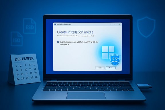 Laptop displays the Windows installation media creation wizard with USB option.
