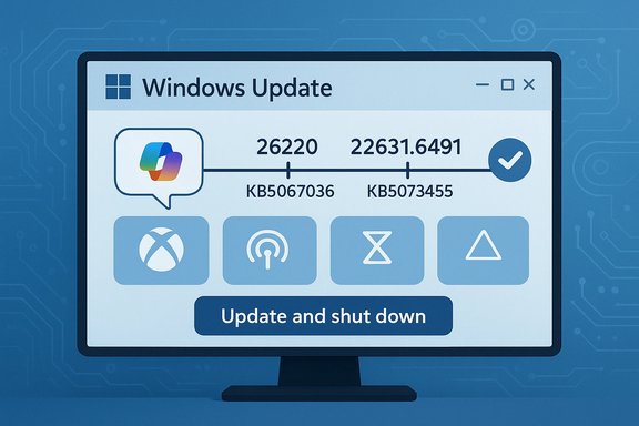 Windows Update screen showing two KB numbers and the 'Update and shut down' button.