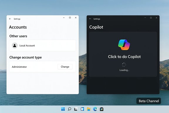 Split-screen Windows 11: Accounts settings on the left and Copilot loading on the right (Beta Channel).