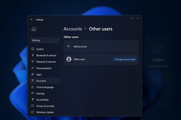 Dark Windows Settings screen showing Accounts > Other users with an Add account option.