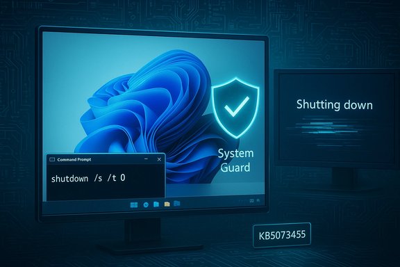 Windows desktop showing a System Guard shield, a shutdown command, and a “Shutting down” alert.