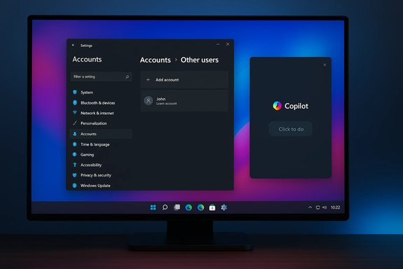 A dark Windows settings window showing Accounts and Other users with a Copilot card.