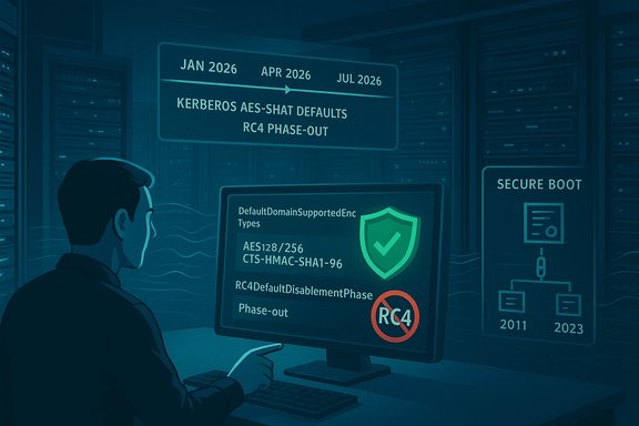 A security analyst monitors AES/Kerberos status and RC4 phase-out on a server dashboard.