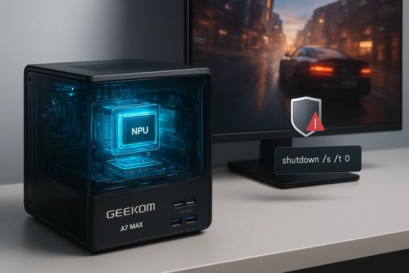 GEEKOM A7 MAX mini PC glows blue with an NPU, beside a monitor showing a shutdown warning.
