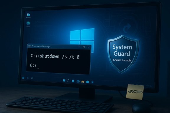 A Windows desktop shows a Command Prompt with a shutdown command beside a System Guard shield.
