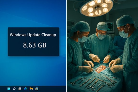 Split-screen: Windows Update Cleanup notice on the left and surgeons performing an operation on the right.