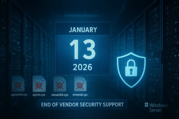 Blue data center with Jan 13, 2026 calendar and end of vendor security support warning. Blue data center with Jan 13, 2026 calendar and end of vendor security support warning.