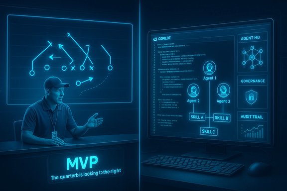 An MVP presenter sits at a glowing blue desk, with holographic displays of football plays and AI agent analytics.