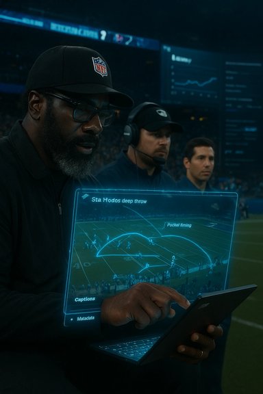NFL analysts on the sideline study a glowing holographic football play diagram. NFL analysts on the sideline study a glowing holographic football play diagram.