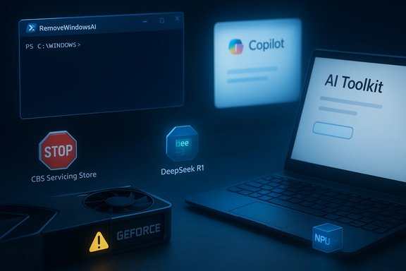 Blue neon AI toolkit scene with a laptop, GPU, and glowing icons.
