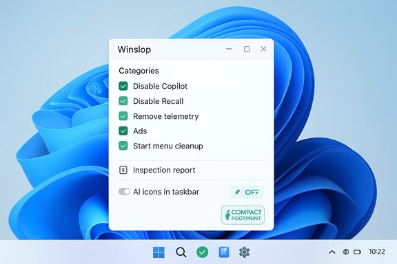 Windows-style settings panel labeled Winslop with privacy toggles on a blue abstract wallpaper.