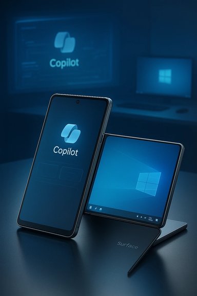 Blue-toned setup with Copilot on a phone and a foldable Surface display.